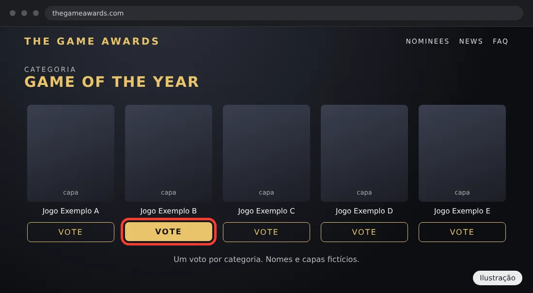 Categoria de votação do The Game Awards com o botão Vote de um indicado destacado
