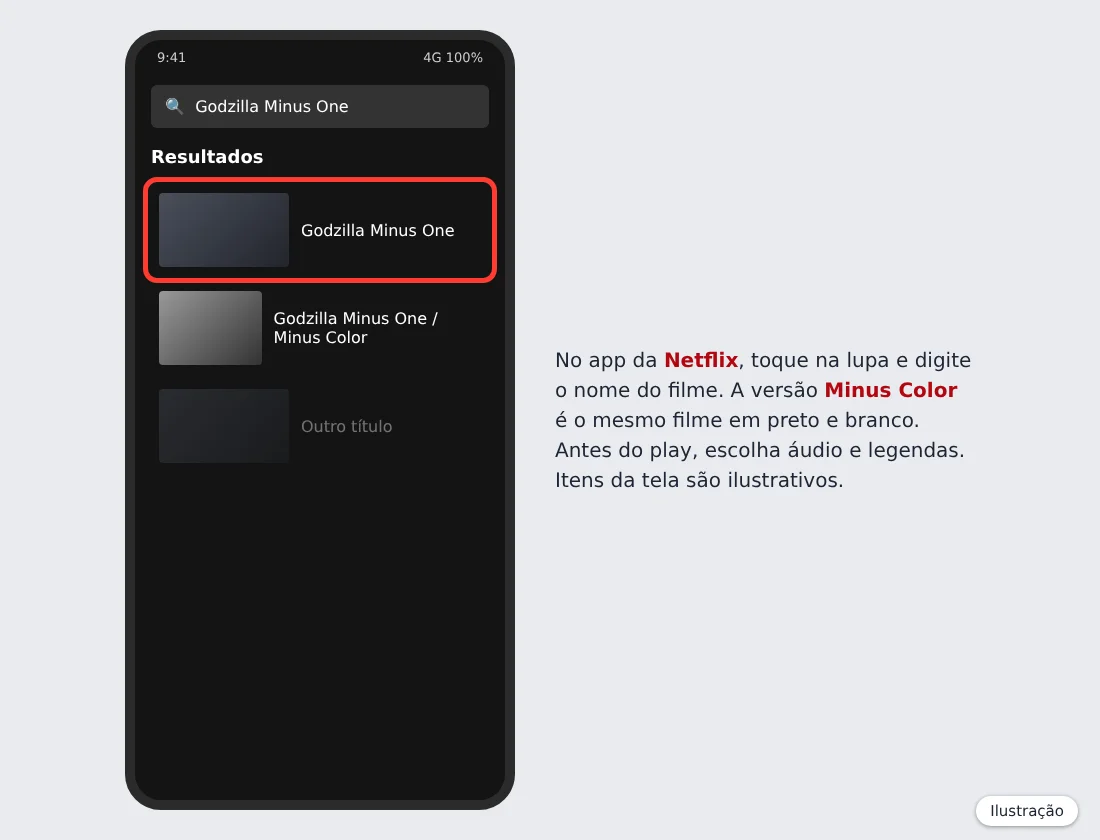 Ilustração da busca da Netflix no celular com Godzilla Minus One e Godzilla Minus One Minus Color nos resultados
