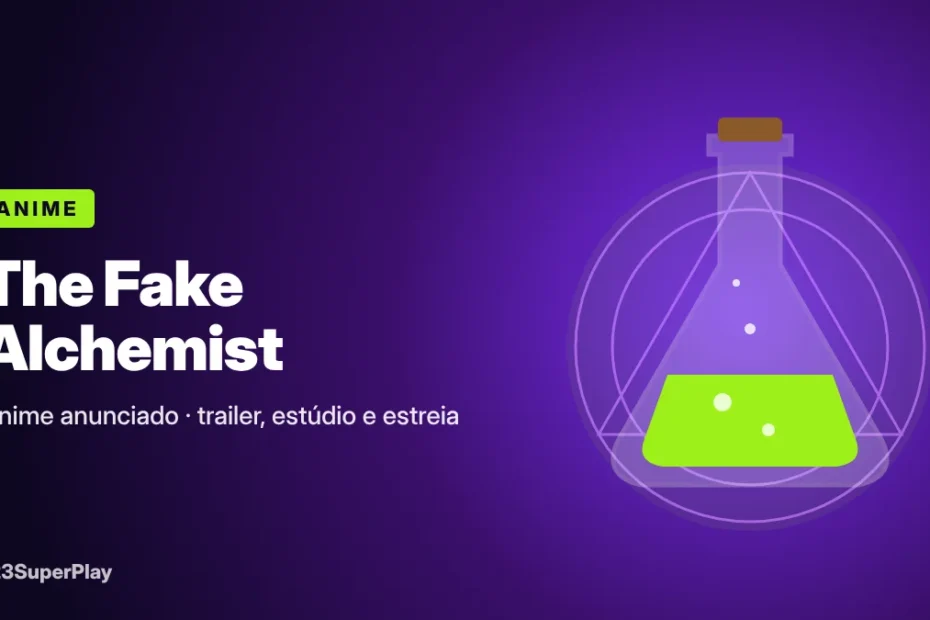 Capa do artigo sobre o anime The Fake Alchemist, com frasco de alquimia e círculo mágico