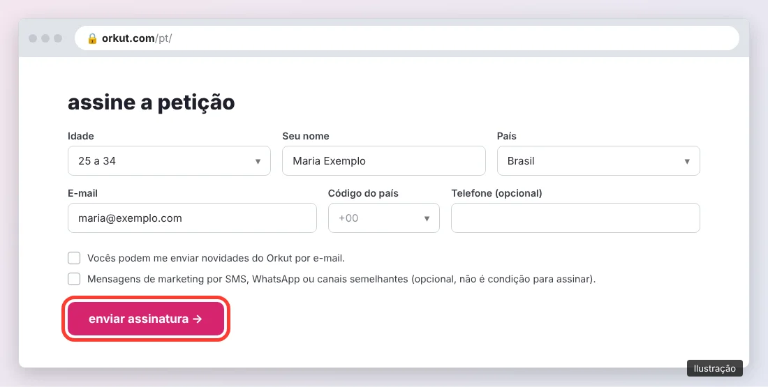 Formulário da petição do Orkut preenchido com dados fictícios e botão enviar assinatura destacado