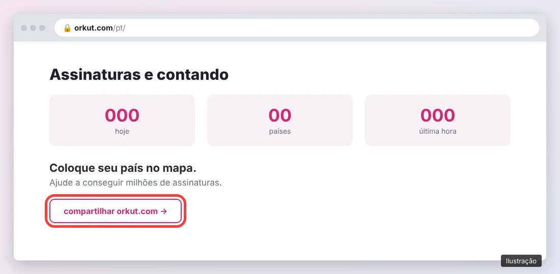 Contador Assinaturas e contando e botão compartilhar orkut.com no site do Orkut